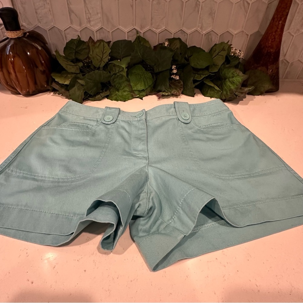 Ann Taylor Loft Womens Aqua Cotton High-Waisted Shorts Size 8 w/Button Pockets